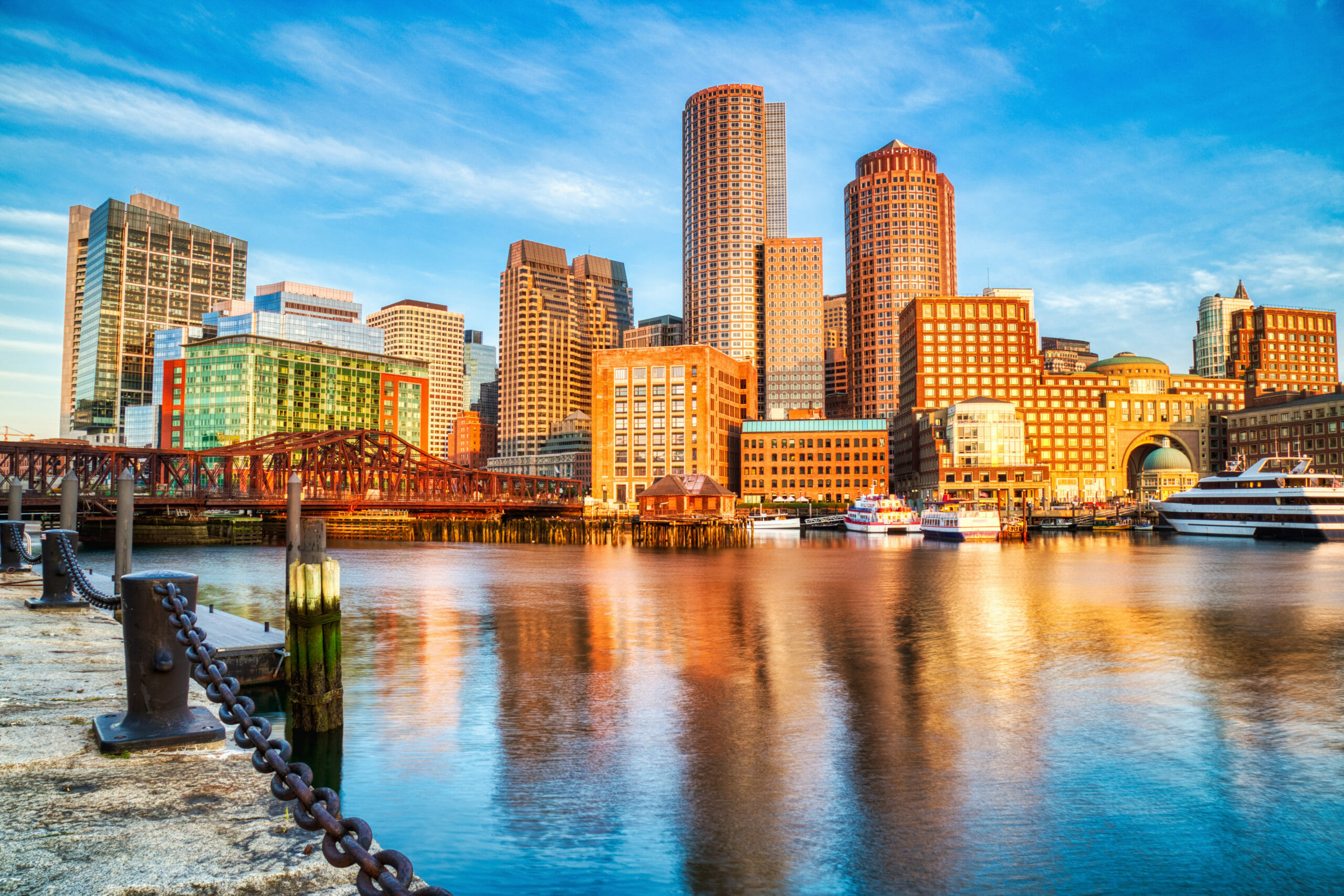 Boston Skyline with Financial District and Boston Harbor at Sunr